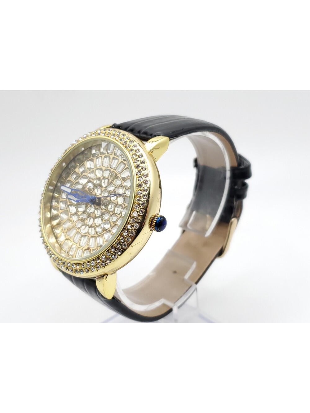 Strada Prisim Gem Quartz Watch Women New Battery Gold Tone Rhinestone Bezel 43mm - Picture 2 of 14